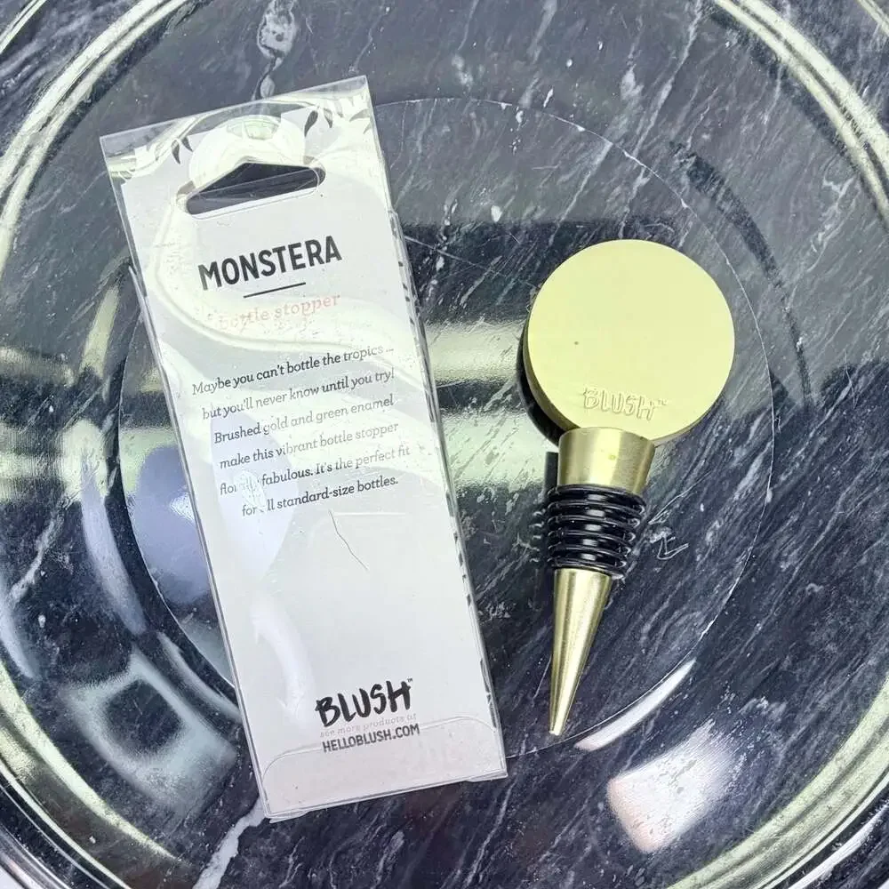 Blush Monstera Brushed Gold and Green Enamel Bottle Stopper